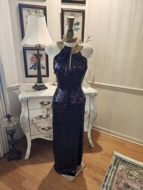 Midnight Purple Dramatic Liquid Sequin AJ Bari Evening Gown Dress 12